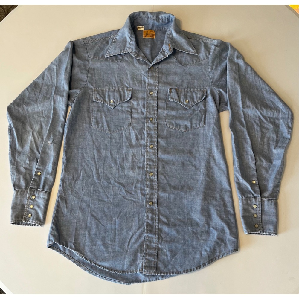 VTG Sears Womens Western Chambray Pearl Snap Shirt Light Blue Long Sleeve